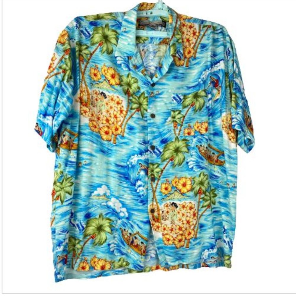 Pineapple Connection Men Hawaiian Shirt Island Palm Trees 100% rayon Size XL